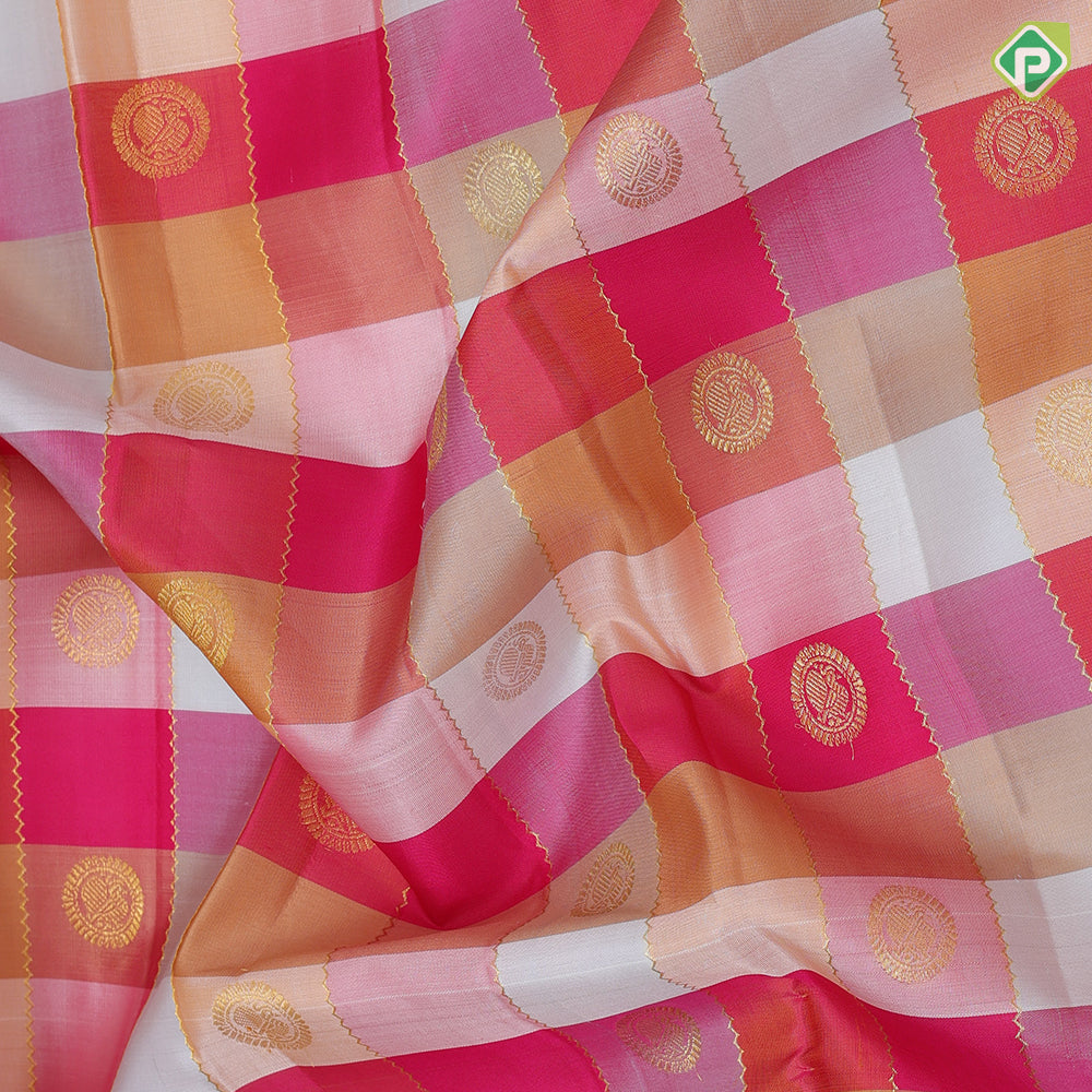 Multi color checks gold zari butta and zig zag stripes self gold zari edge border paalum pazhamum kattam silk saree