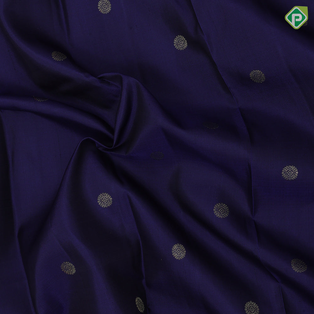 Royal blue gold zari chakkaram butta design maroon mango and peacock zari lines green edge border traditional silk saree