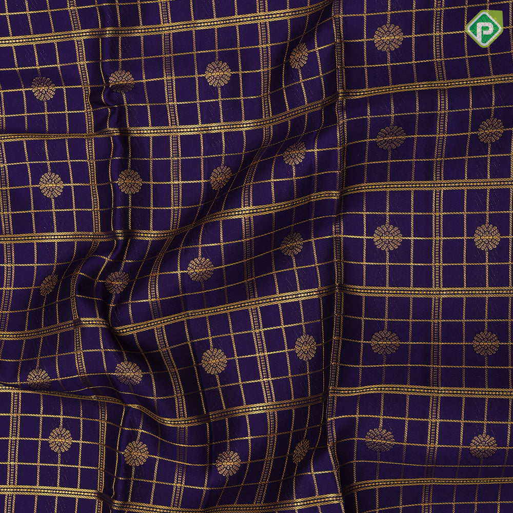Indigo blue gold zari big checks rudraksham butta self gold zari peacock elephant butta lines double line border traditional silk saree