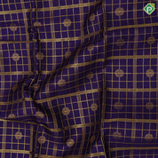 Indigo blue gold zari big checks rudraksham butta self gold zari peacock elephant butta lines double line border traditional silk saree