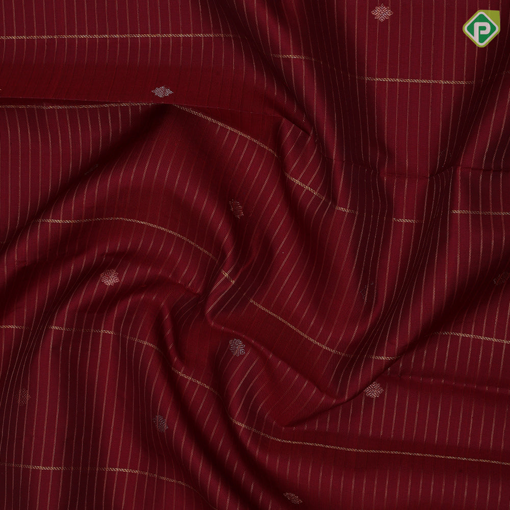 Maroon red gold zari vairaoosi mid butta motifs self gold zari peacock butta and multi color lines border traditional silk saree