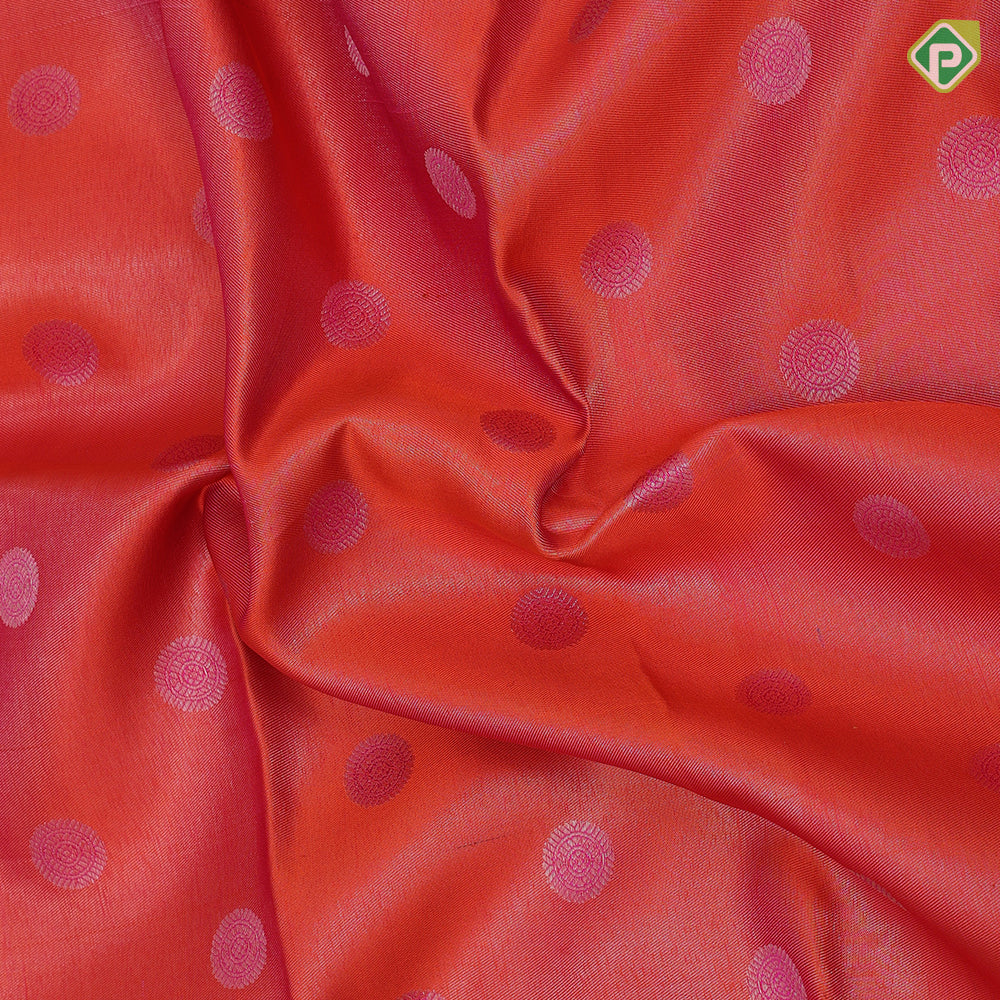 Pinkish orange silver zari and thread rudraksham butta self silver gold zari double elephant arch turning border vintage silk saree