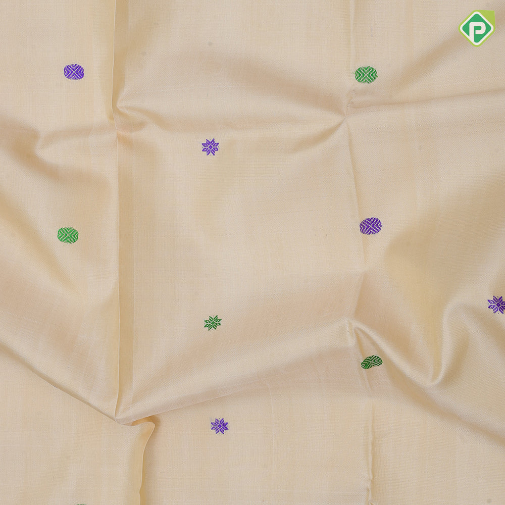Sandal cream with multi color thread butta motifs Blue base multi color design border traditional silk saree