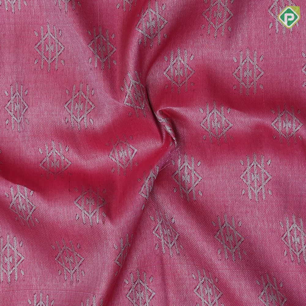 Rani Pink Silver Zari Rhombus Motif Gray Brown Leaf Border Design Fancy Silk Saree
