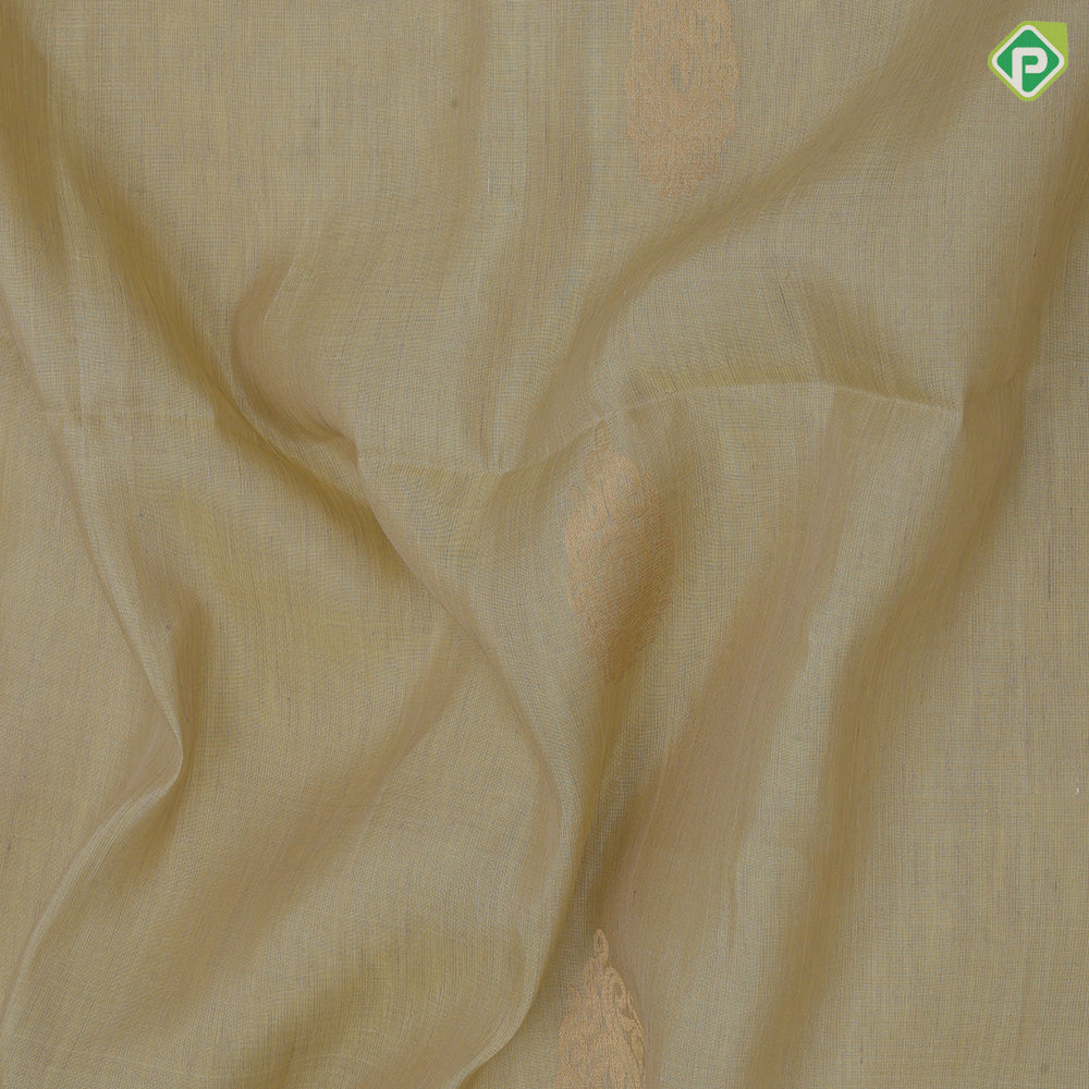 Banana yellow gold zari fancy floral round design self gold zari border ikkat style pallu linen soft silk saree