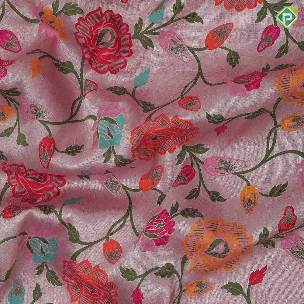 Creamy pink multi color meena work banaras design self designed border tusser tissue saree