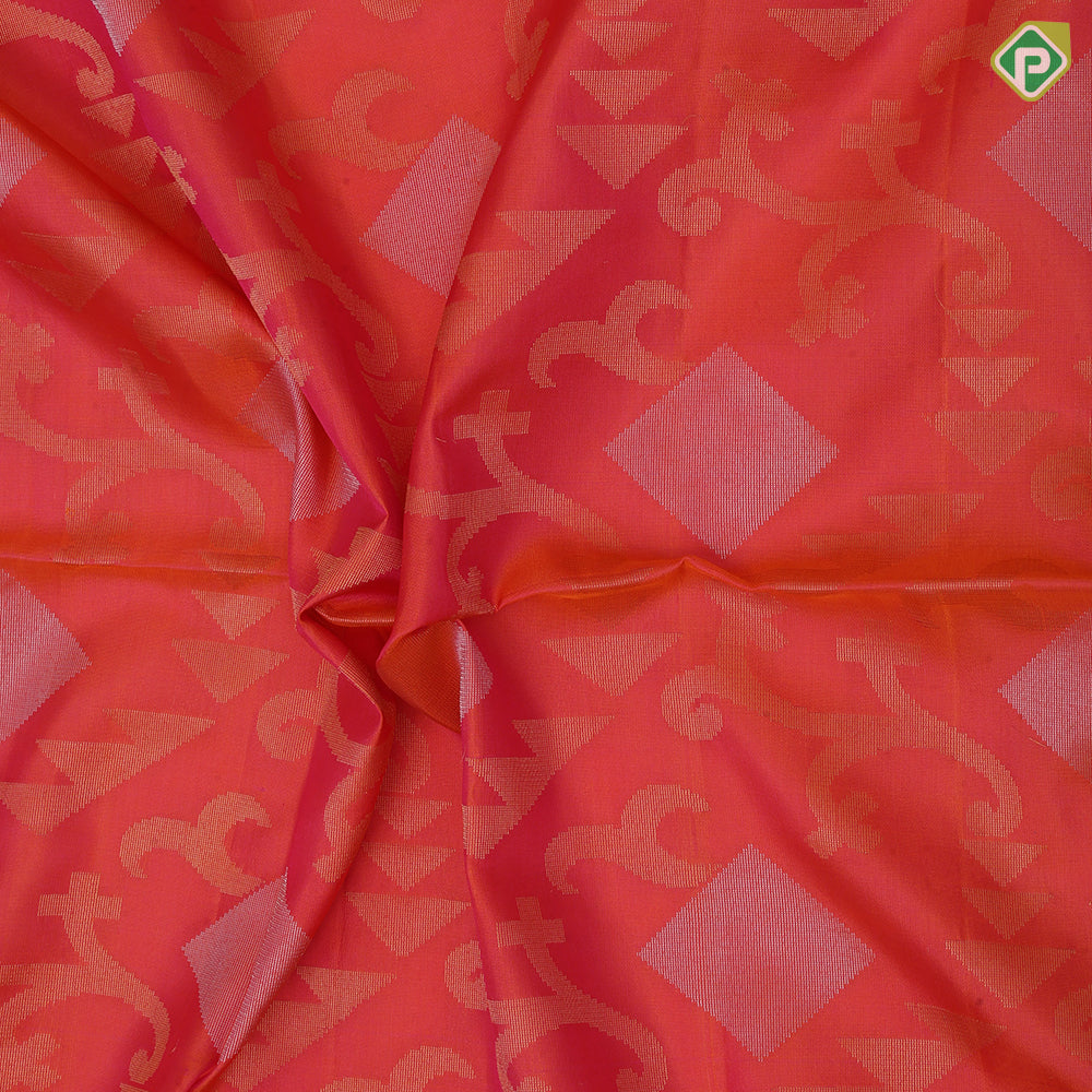 Pinkish orange silver gold zari diamond geometrical design self gold zari lines border soft silk saree