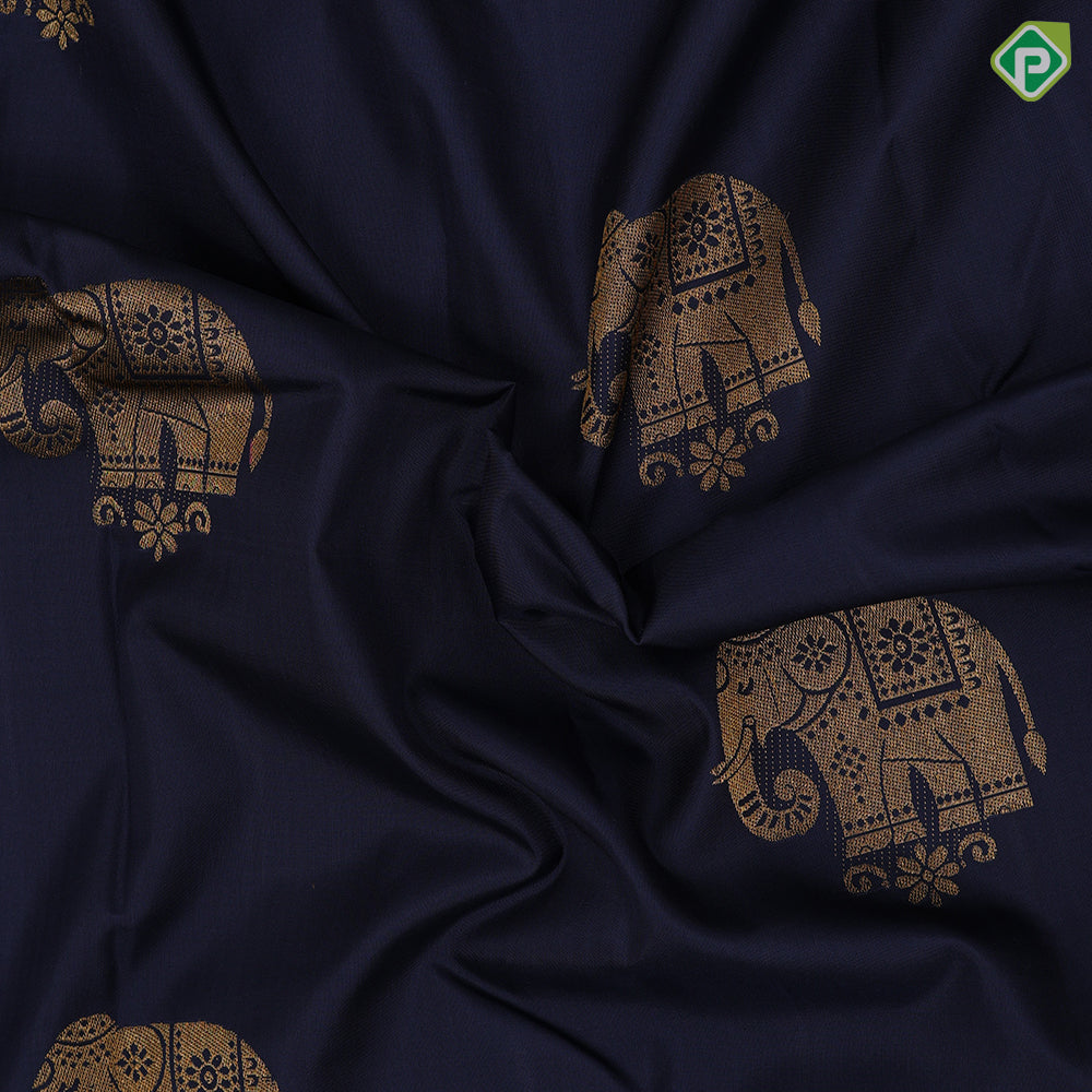 Prussian blue gold zari Elephant butta design self pink thread leaves design border fusion silk saree