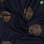 Prussian blue gold zari Elephant butta design self pink thread leaves design border fusion silk saree