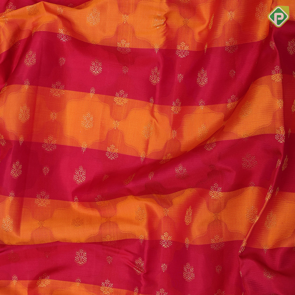 yellow orange and red tricolor lines gold zari fancy butta purple gold zari rangoli design meena work lines border Rangkat silk saree