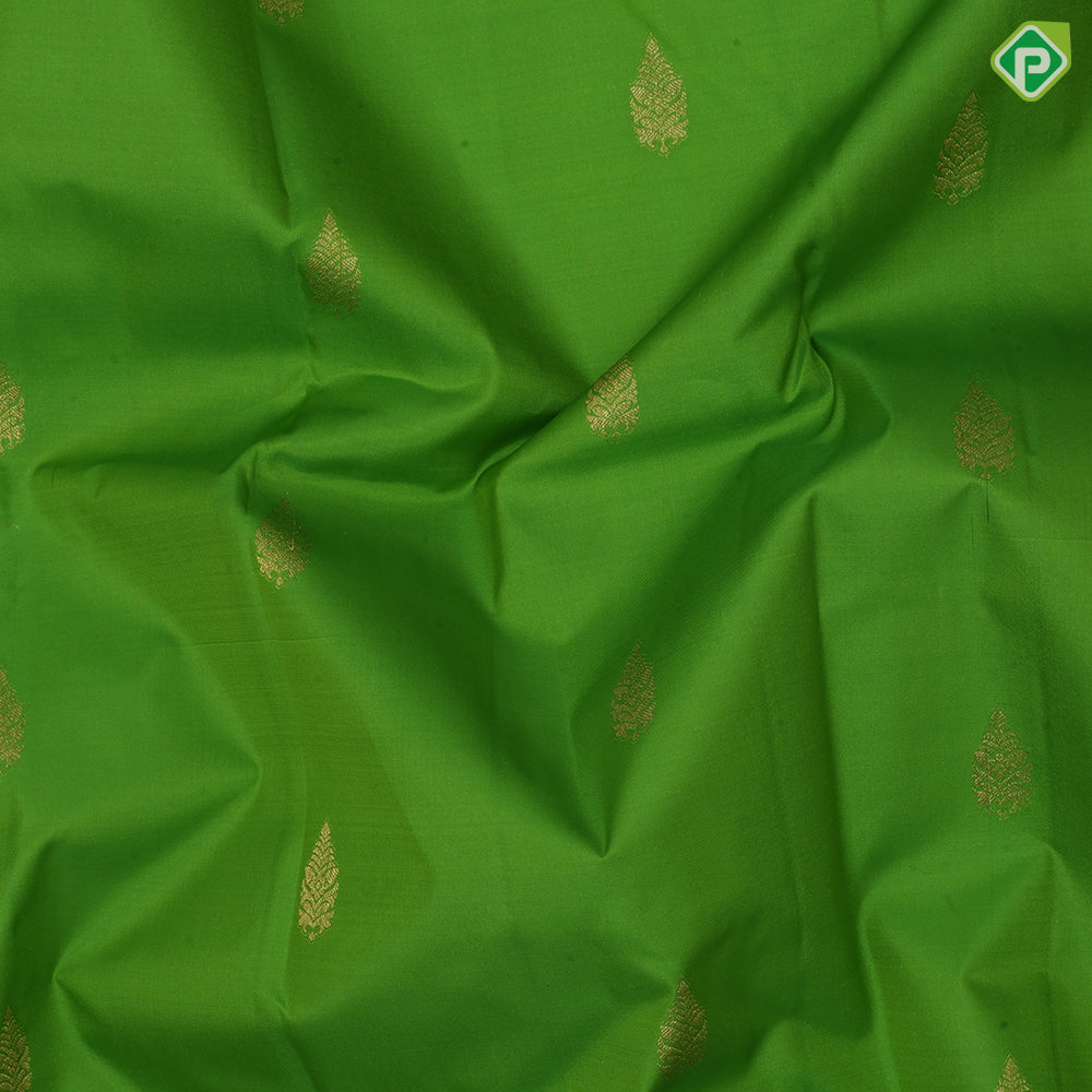 Leaf green gold zari fancy leaf butta peach gold zari silk thread lines high border gift silk saree