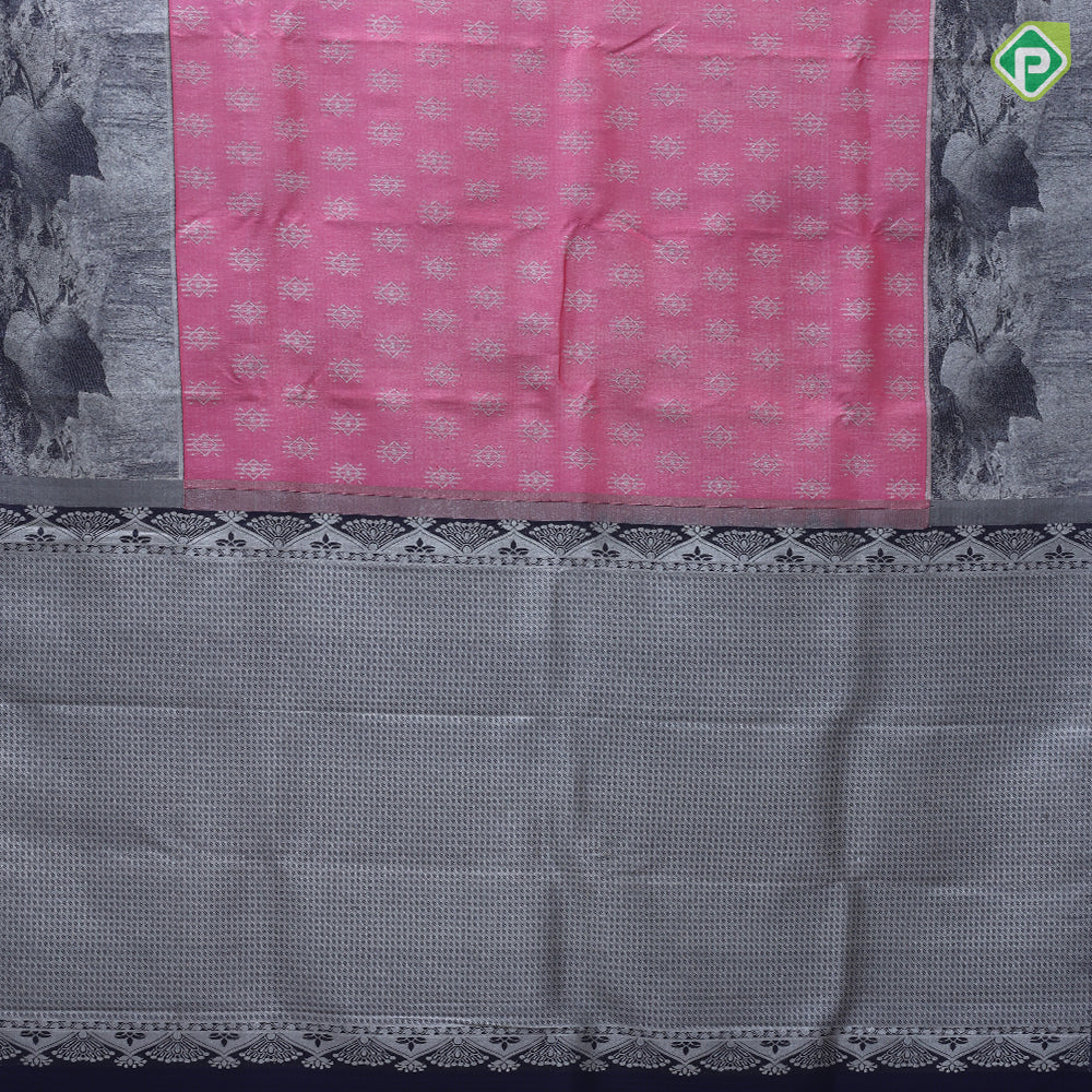 Rani Pink Silver Zari Rhombus Motif Gray Brown Leaf Border Design Fancy Silk Saree