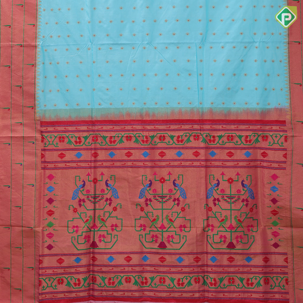 Sky blue gold zari flowers butta design creamy pink gold zari paithani work border and pallu design banaras style silk saree