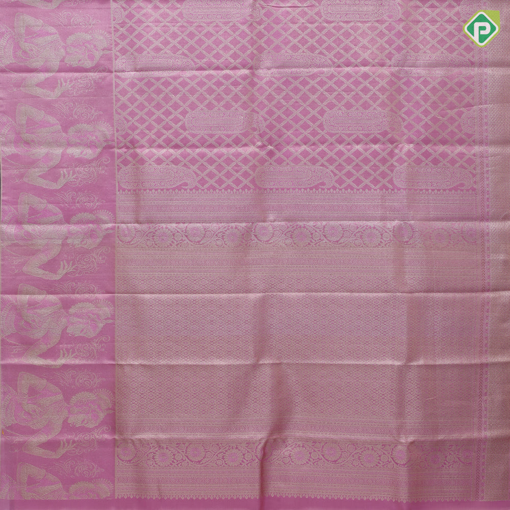Baby pink silver zari grand cross checks fancy mango self plain background dancing women posture tissue silk saree