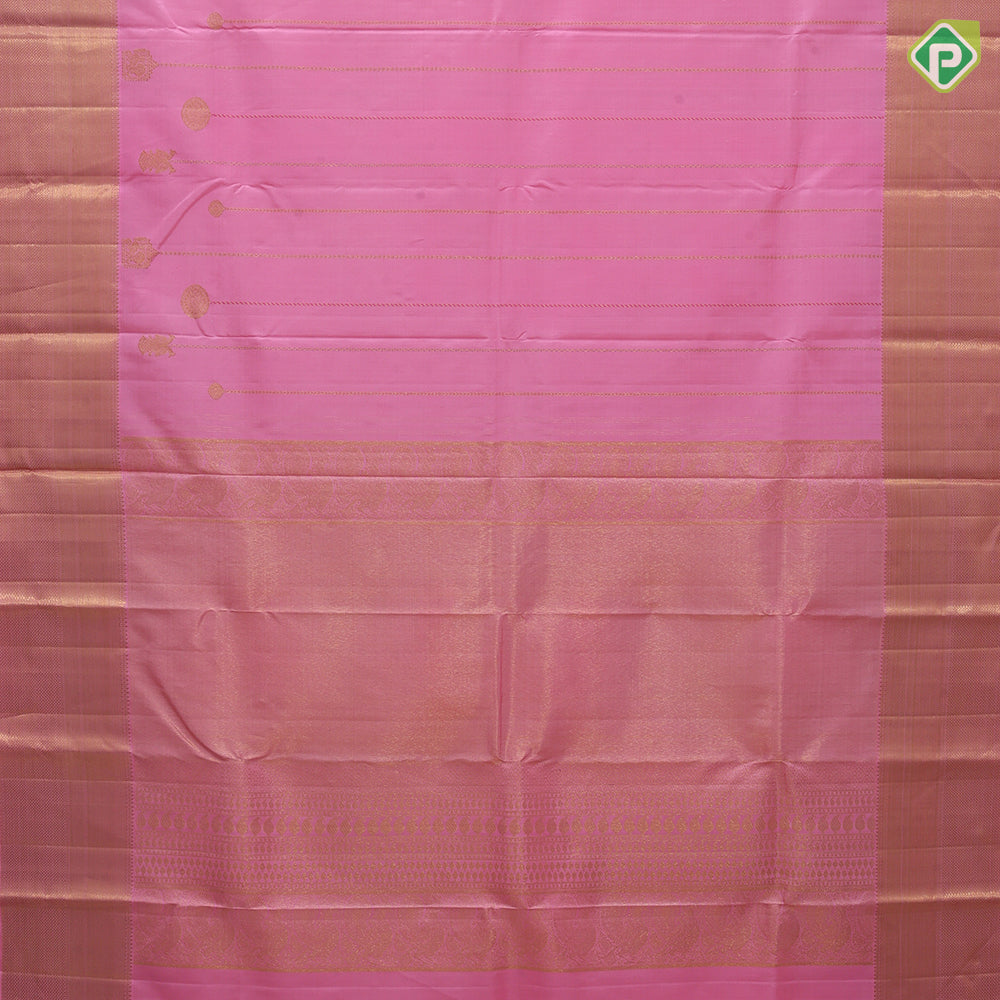 Peach Pink Gold Zari Straight Lines Peacock Chagara Design Self Colour Bavanji Mayilkan Border Design Traditional Silk Saree