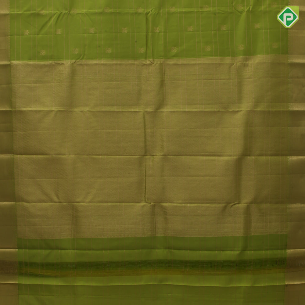 Parrot green gold zari lines and fancy butta self gold zari edge border pure mix silk saree