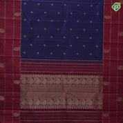 Royal blue gold zari chakkaram butta design maroon mango and peacock zari lines green edge border traditional silk saree