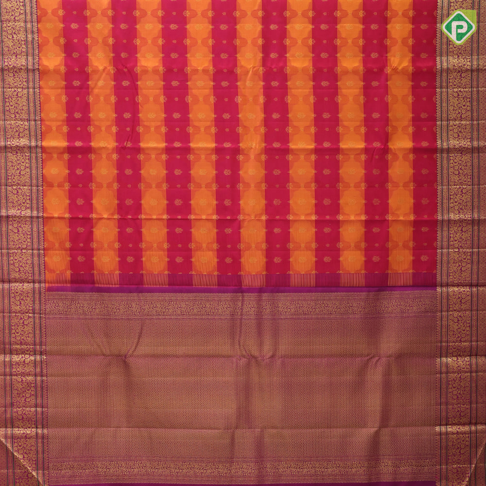 yellow orange and red tricolor lines gold zari fancy butta purple gold zari rangoli design meena work lines border Rangkat silk saree