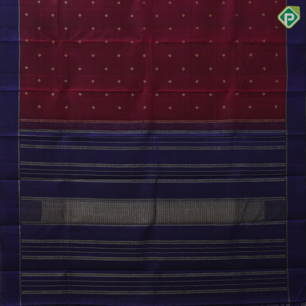 Magenta red gold zari diamond butta motifs contrast blue plain gold zari lines border vintage silk saree