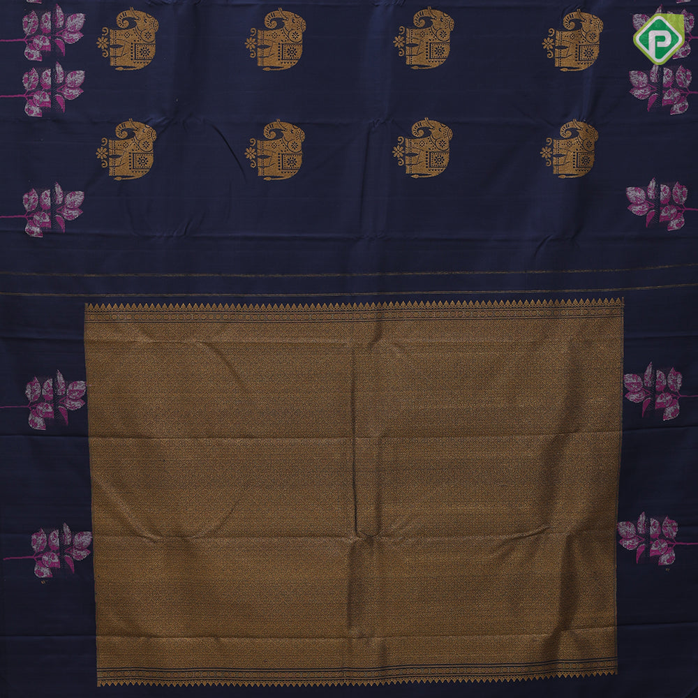 Prussian blue gold zari Elephant butta design self pink thread leaves design border fusion silk saree
