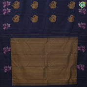 Prussian blue gold zari Elephant butta design self pink thread leaves design border fusion silk saree