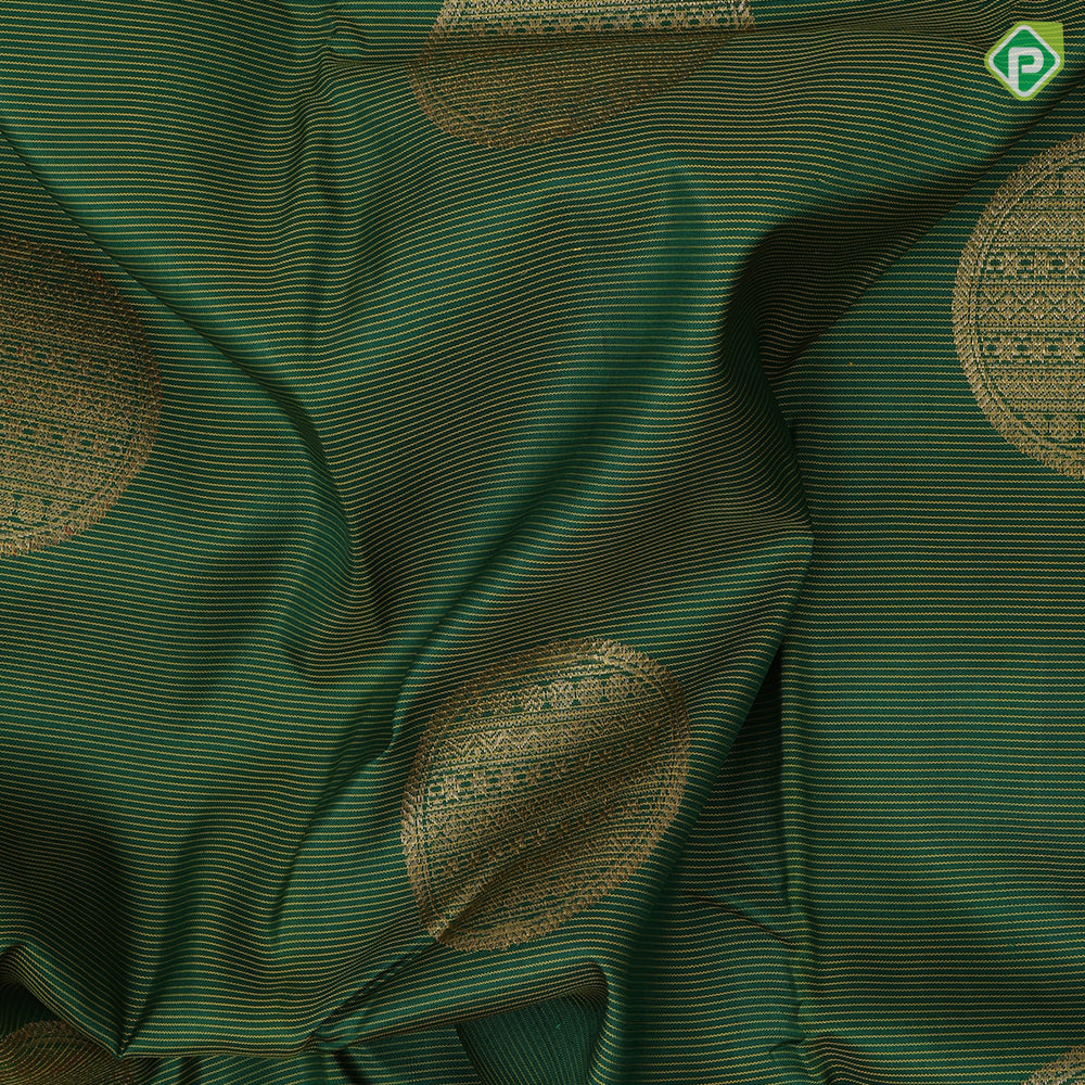 Leaf Green Gold Zari Circle Butta Vailraoosi Design Mustard Thread Horse And Annam Border Design Traditional Silk Saree
