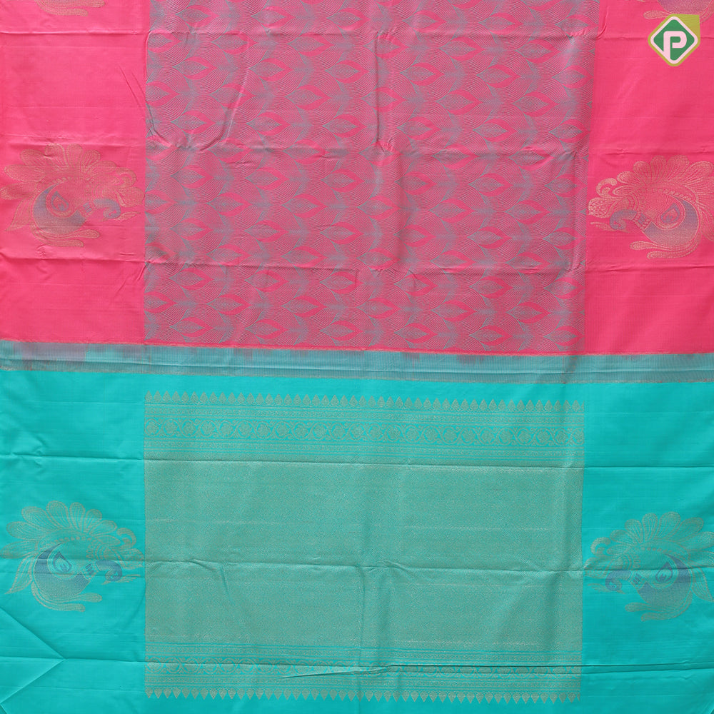Pink and sea blue geometric design self colorful peacock butta motif border trendy designer silk saree