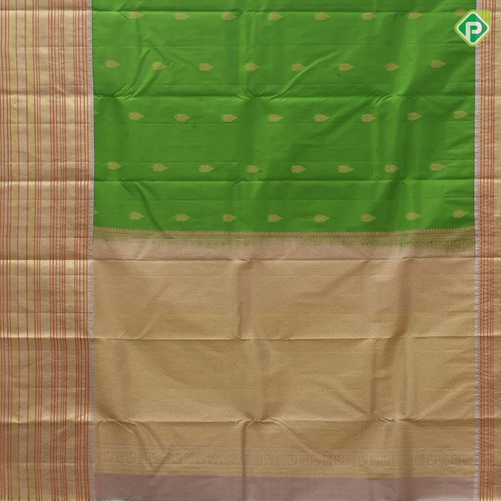 Leaf green gold zari fancy leaf butta peach gold zari silk thread lines high border gift silk saree