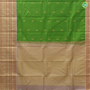 Leaf green gold zari fancy leaf butta peach gold zari silk thread lines high border gift silk saree