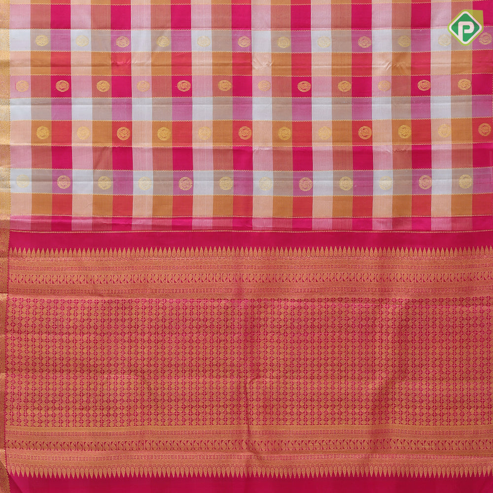 Multi color checks gold zari butta and zig zag stripes self gold zari edge border paalum pazhamum kattam silk saree