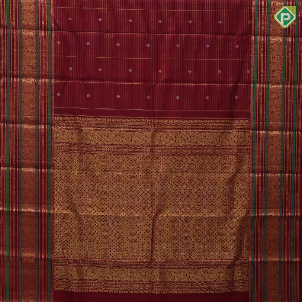 Maroon red gold zari vairaoosi mid butta motifs self gold zari peacock butta and multi color lines border traditional silk saree