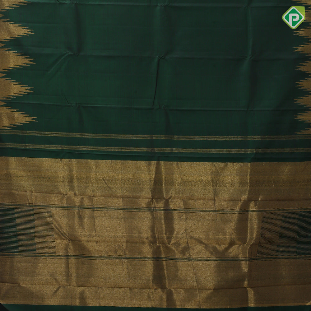 Bottle green full body plain self gold zari temple rack border traditional silk saree