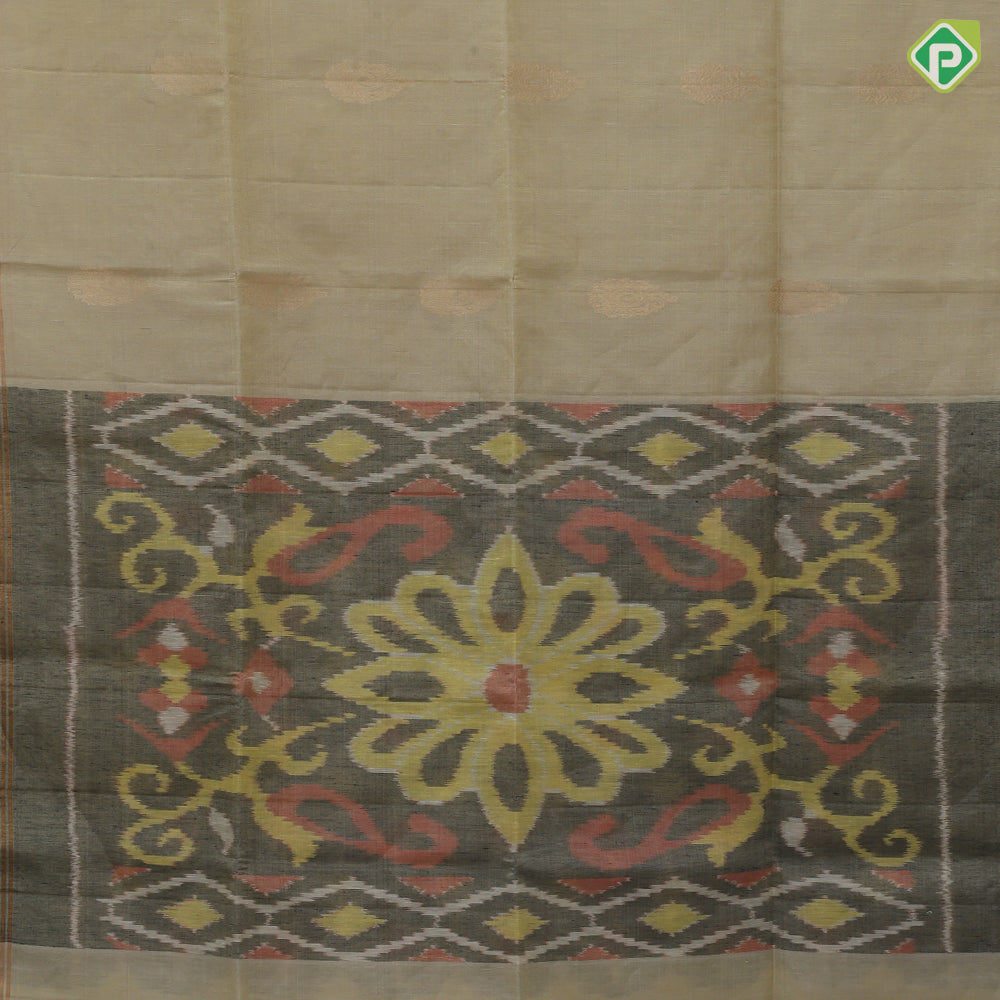 Banana yellow gold zari fancy floral round design self gold zari border ikkat style pallu linen soft silk saree