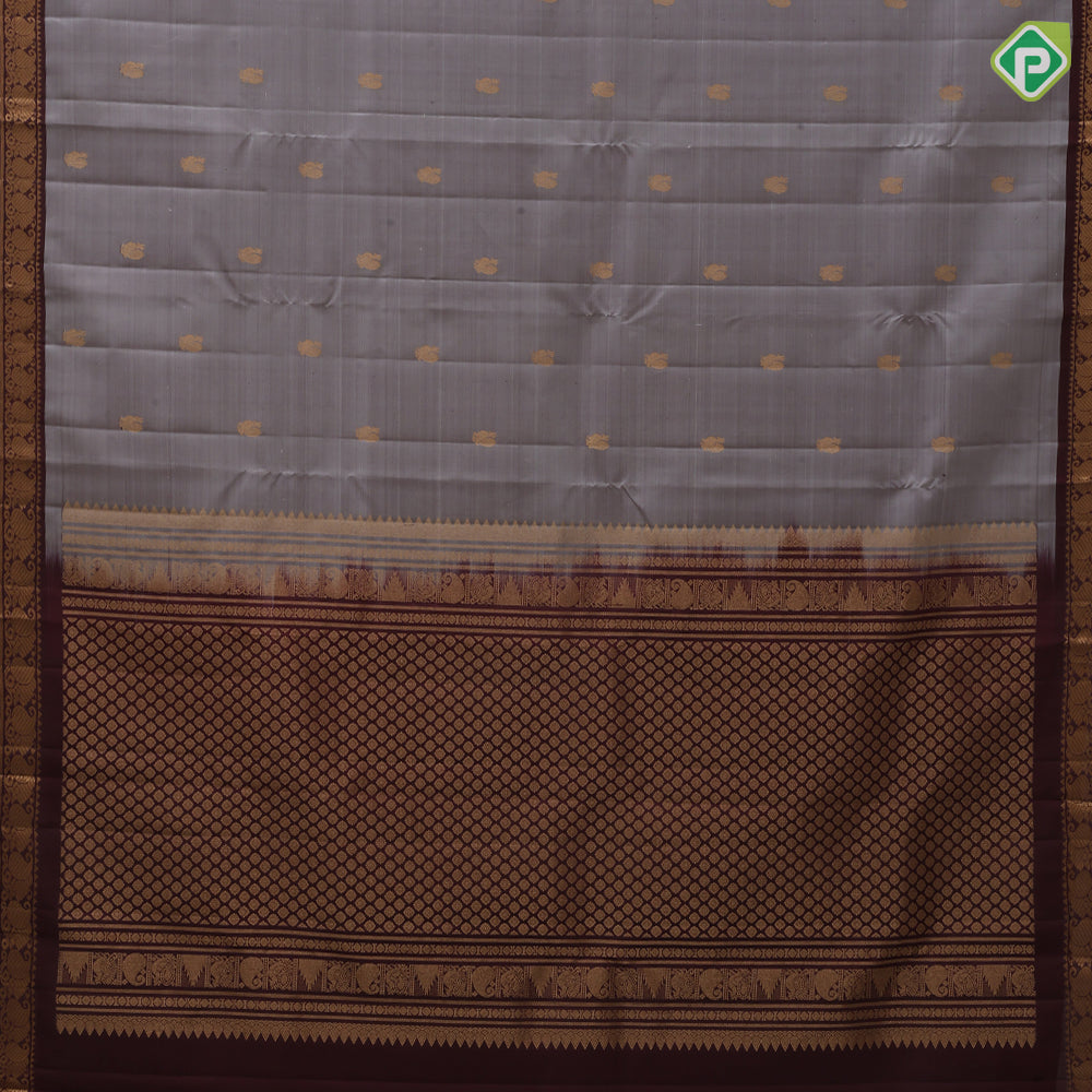 Glacier Gray Gold Zari Peacock Butta Design Dark Brown Colour Mango Design Pure Mix Silk Saree