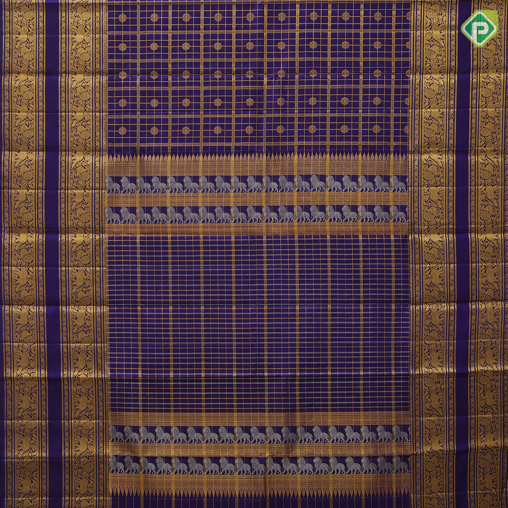 Indigo blue gold zari big checks rudraksham butta self gold zari peacock elephant butta lines double line border traditional silk saree