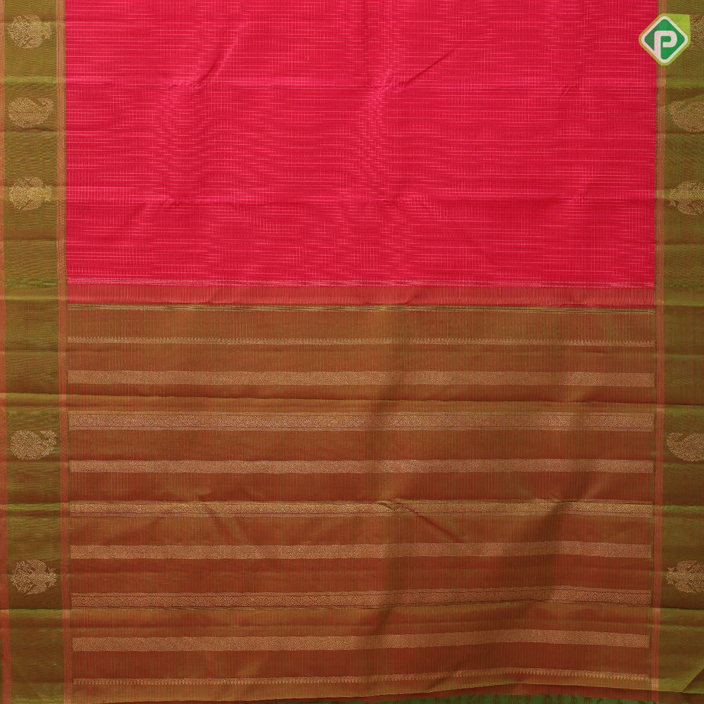 Tomato red with thread work checks design mehndi green gold zari mango butta border traditional silk saree