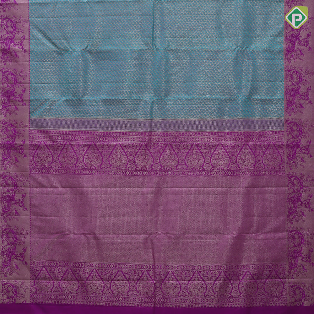 Sea Blue Silver Zari Brocade Design Pink Jungle Deer Border Design Trendy Silk Saree