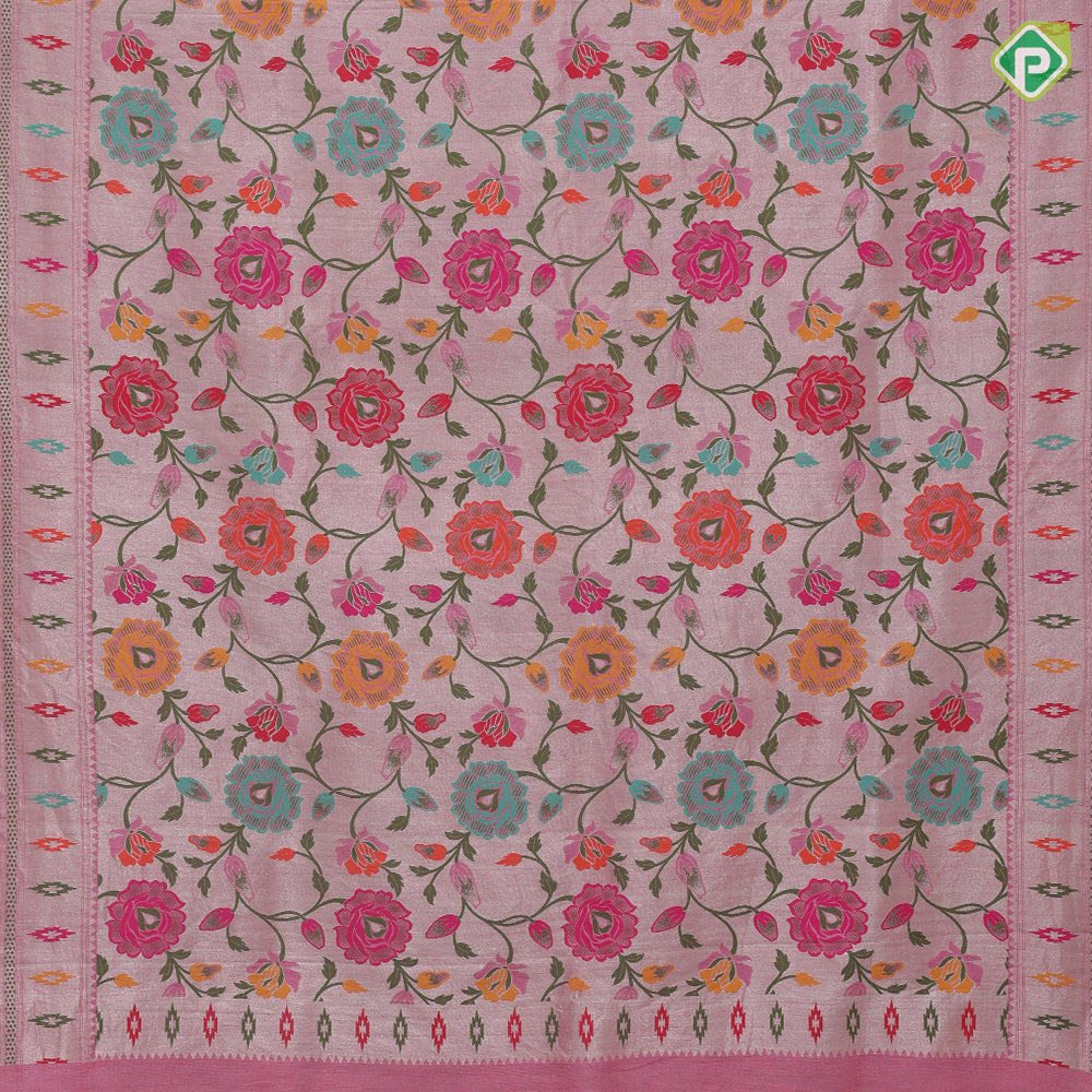 Creamy pink multi color meena work banaras design self designed border tusser tissue saree