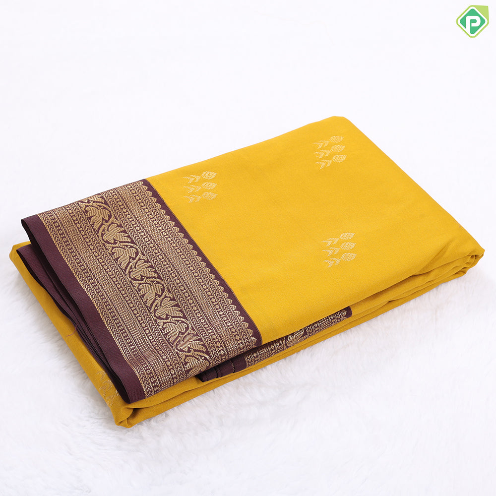 Spring green gold zari butta design contrast brown rangoli border gift saree