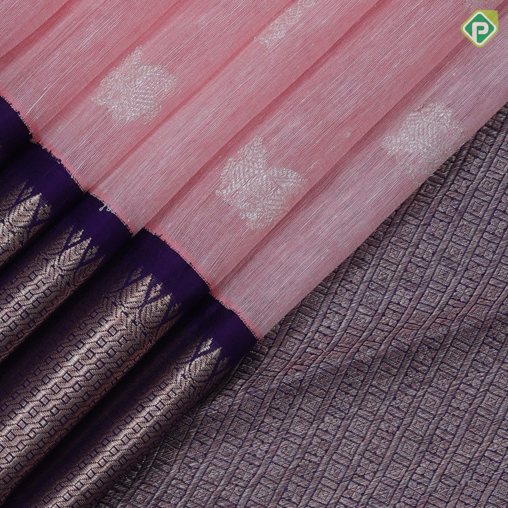 Sea green copper and silver zari gaja yaali kamadhenu butta royal blue spinning design border linen kora silk saree