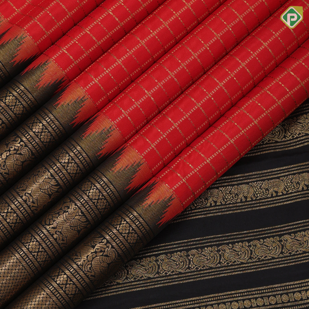 Tomato red gold zari gold zari kattam design black gold zari temple gaja yaali annam butta border traditional vintage silk saree