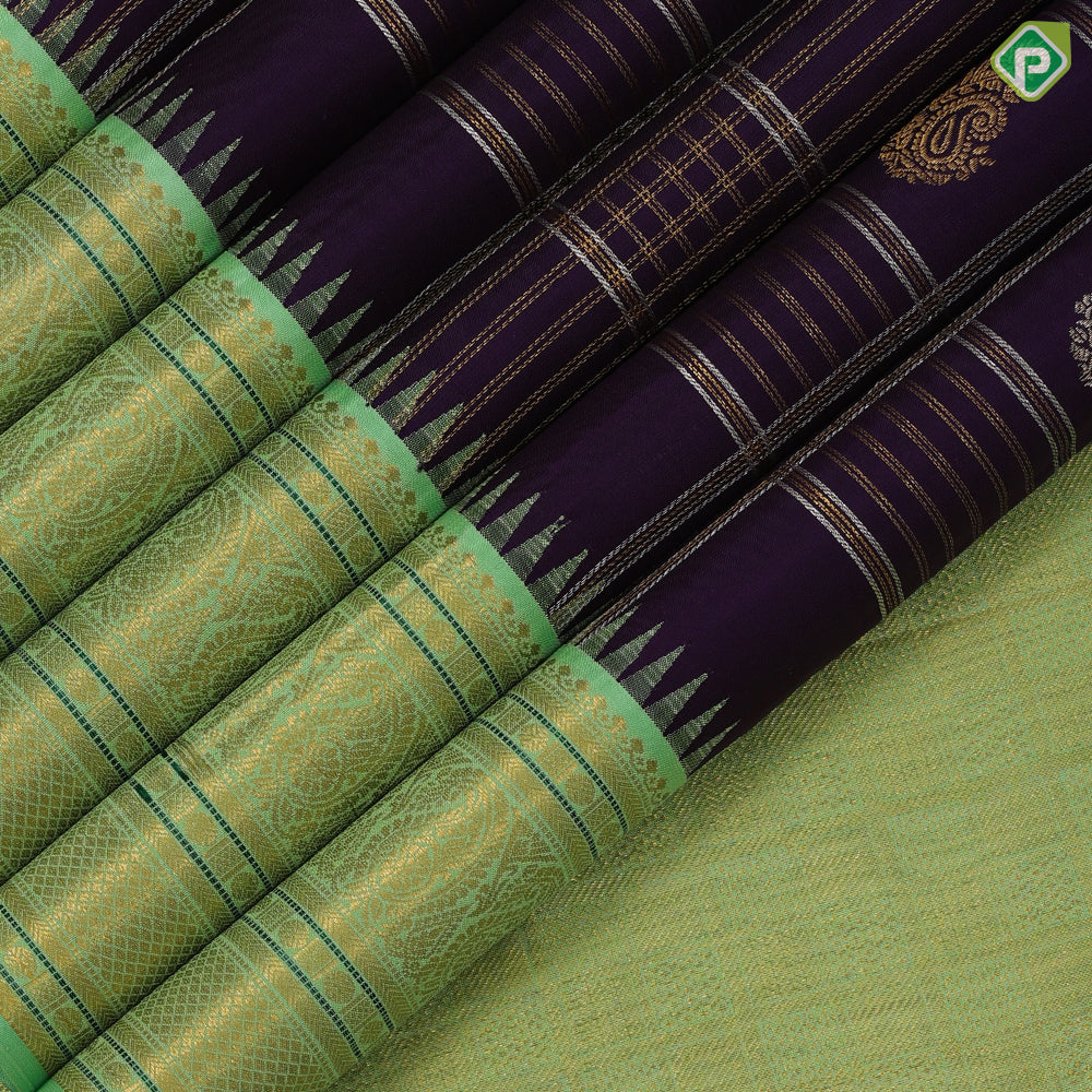 Berry blue silver gold zari mango butta and multi kattam contrast pista green gold zari mango butta thread lines border traditional silk saree