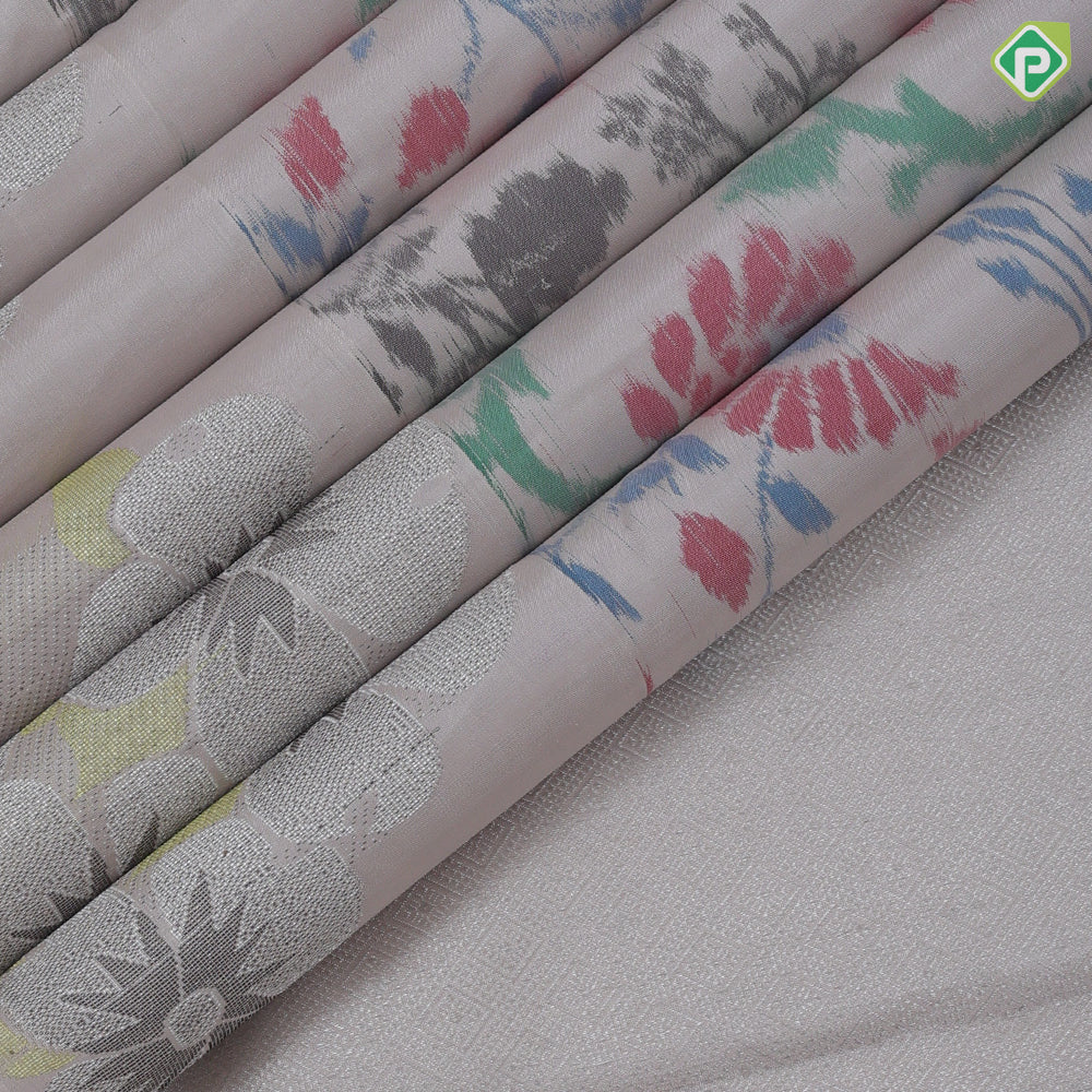 creamy peach multi color floral digital design self silver zari meena work border ikkat design silk saree