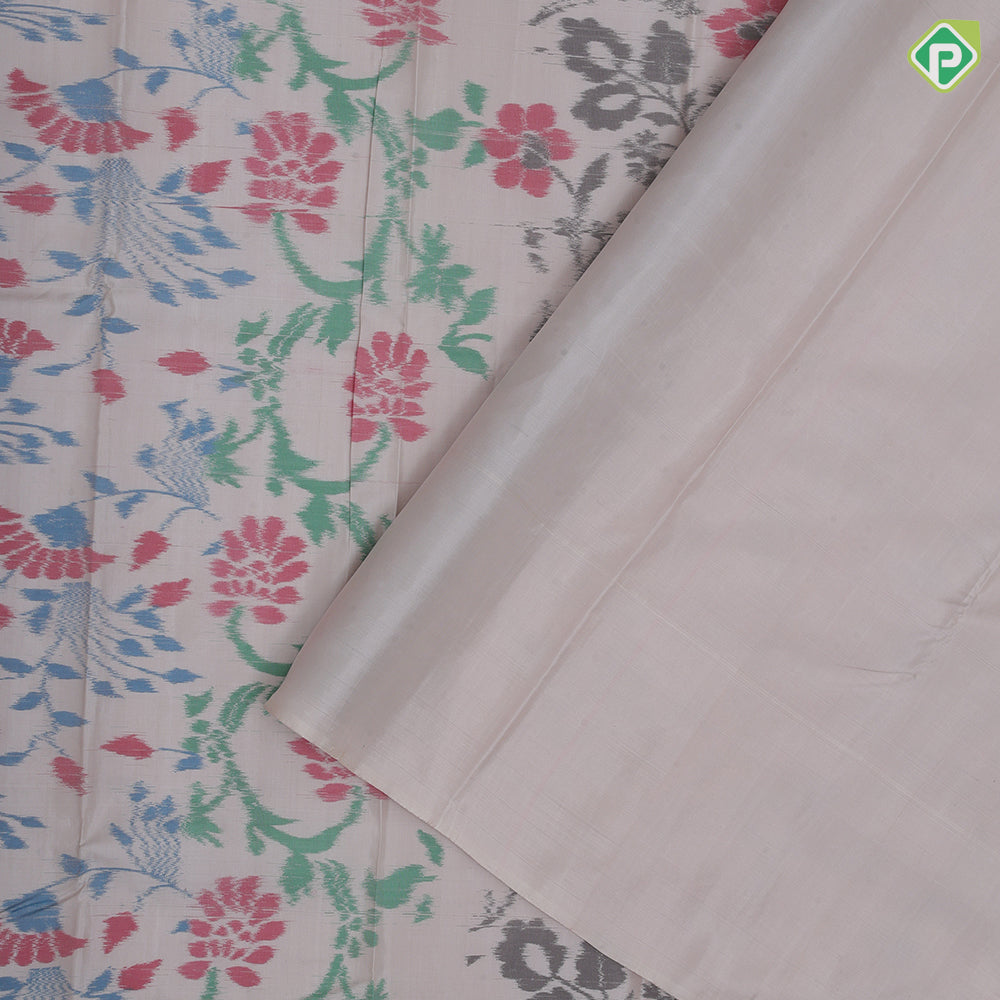 creamy peach multi color floral digital design self silver zari meena work border ikkat design silk saree