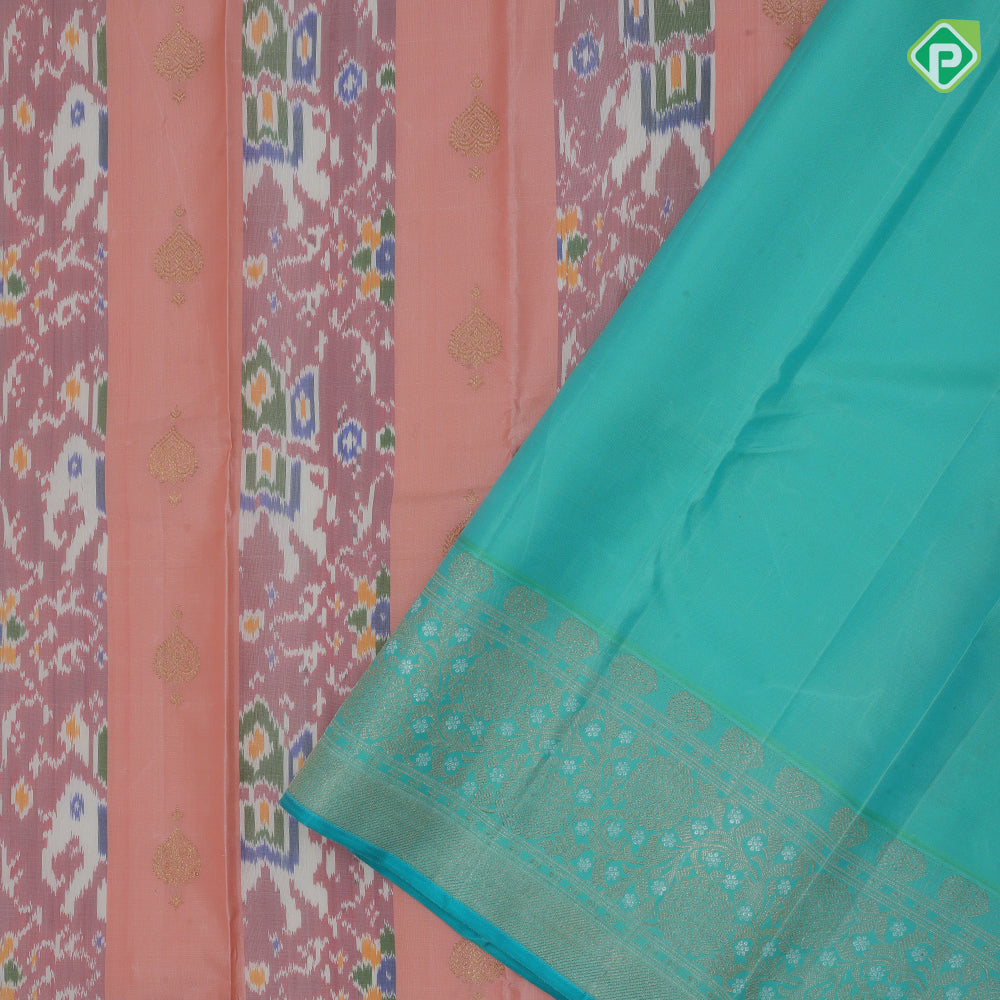 Peach base gold zari heart butta and ikkat design rexona green gold zari floral korvai border fusion silk saree