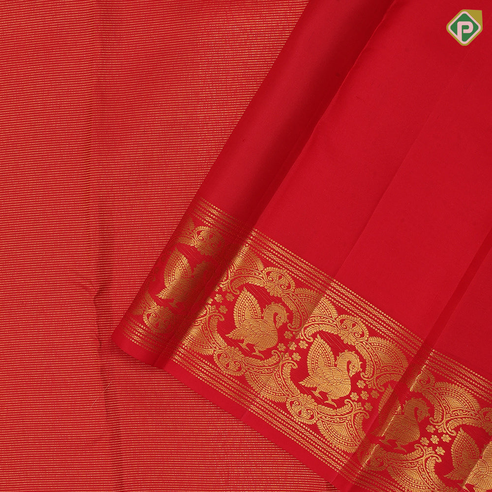 Brick red gold zari vairaoosi lines self gold zari annam butta arch border traditional silk saree