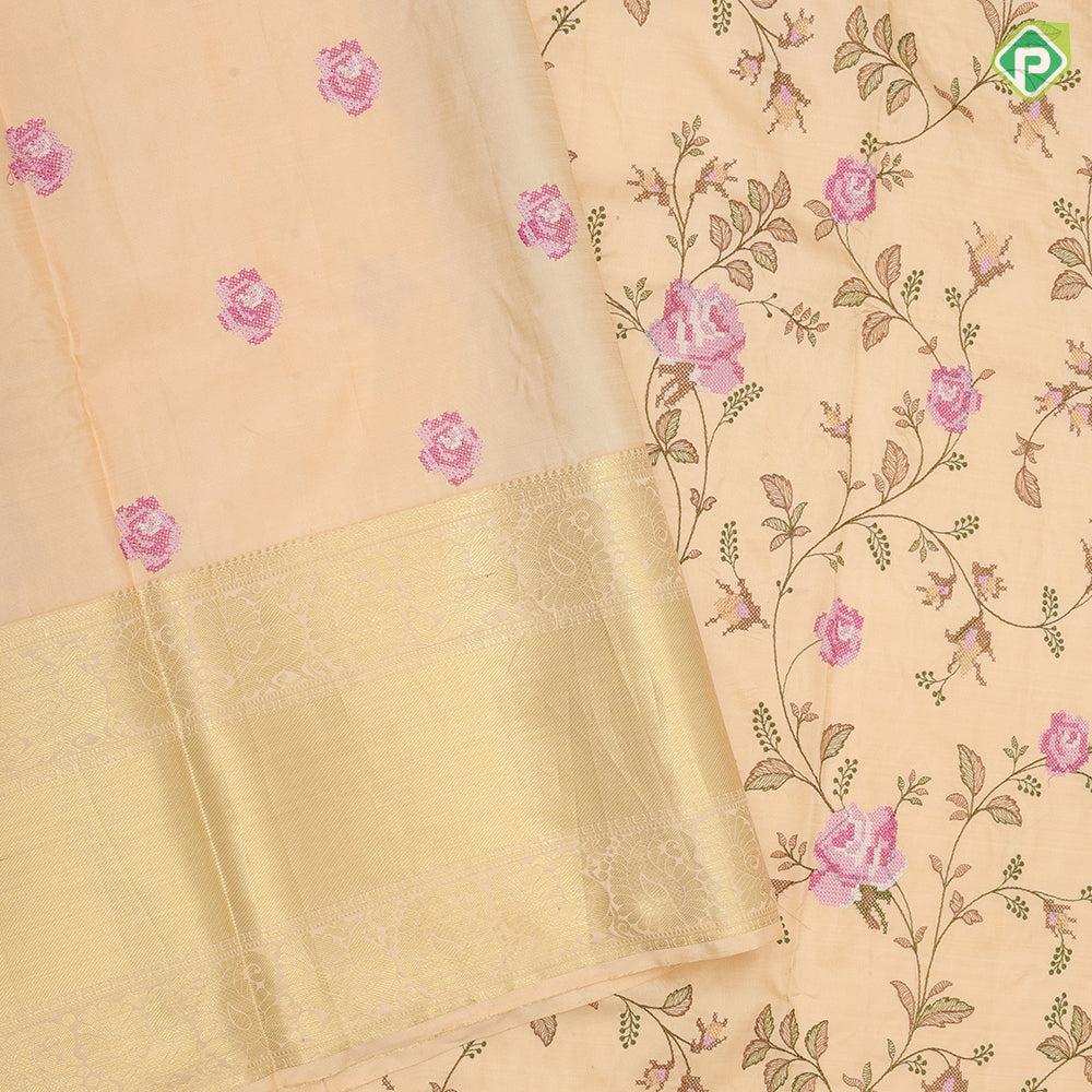 Sandal with multi color floral creeper embroidered design self gold zari peacock retta pattai border embroidery silk saree