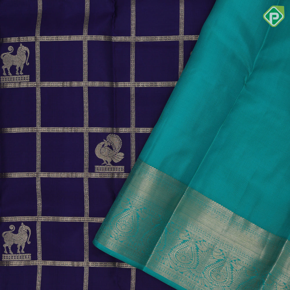 Night blue silver gold zari yaali butta window panel checks rexona green silver gold zari thilagam butta border traditional silk saree