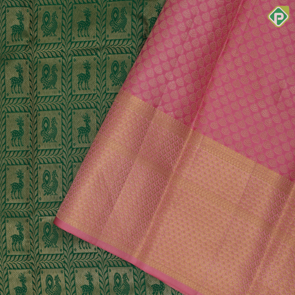 Forest green gold zari deer and peacock framed checks baby pink gold zari paithani border bridal tissue silk saree