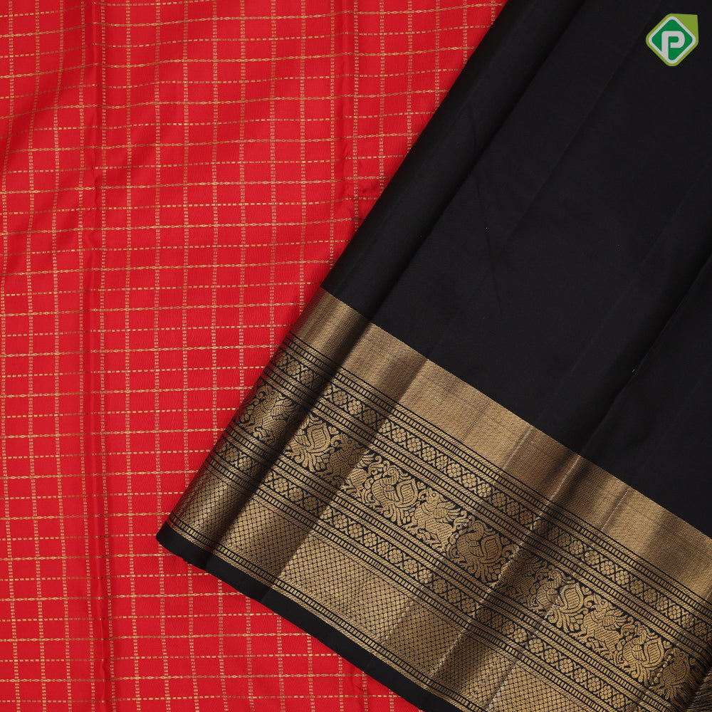 Tomato red gold zari gold zari kattam design black gold zari temple gaja yaali annam butta border traditional vintage silk saree